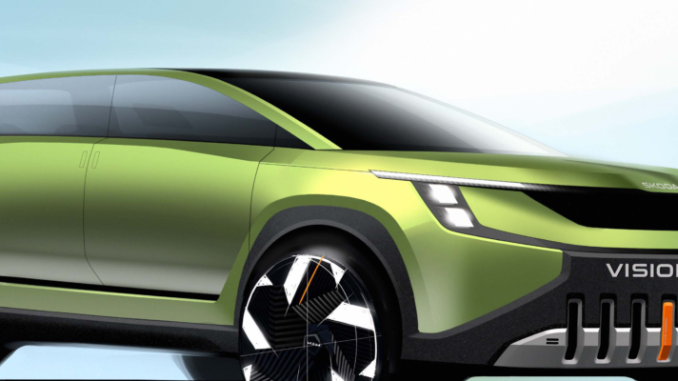 Nové designové nákresy automobilky Škoda předvádějí plnohodnotné elektrické SUV s označením Vision 7S před představením konceptu 30. srpna