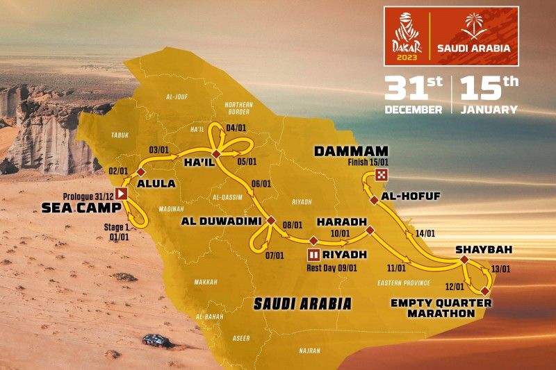 V roce 2023 závodníci začnou na plážích Rudého moře. Následně projedou údolím Dawasir, přes hory a pak stráví tři dny ve vysokých písečných dunách pouště Rub al-Chálí